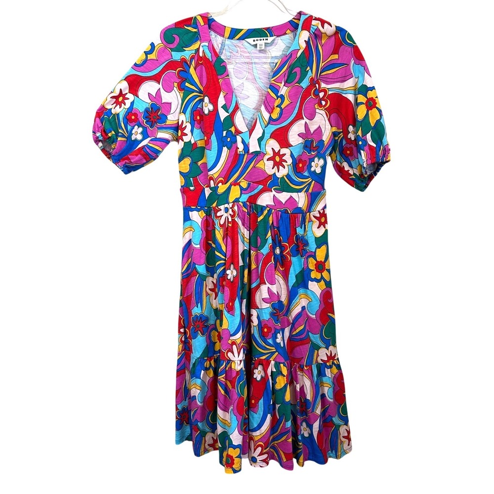 Boden Size 2 Piper Short Jersey Dress Pop Mod Rainbow Comfy Floral Puff Sleeve